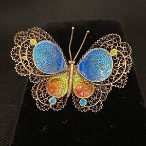 Cloisonné Enamel and Filigree Butterfly Brooch